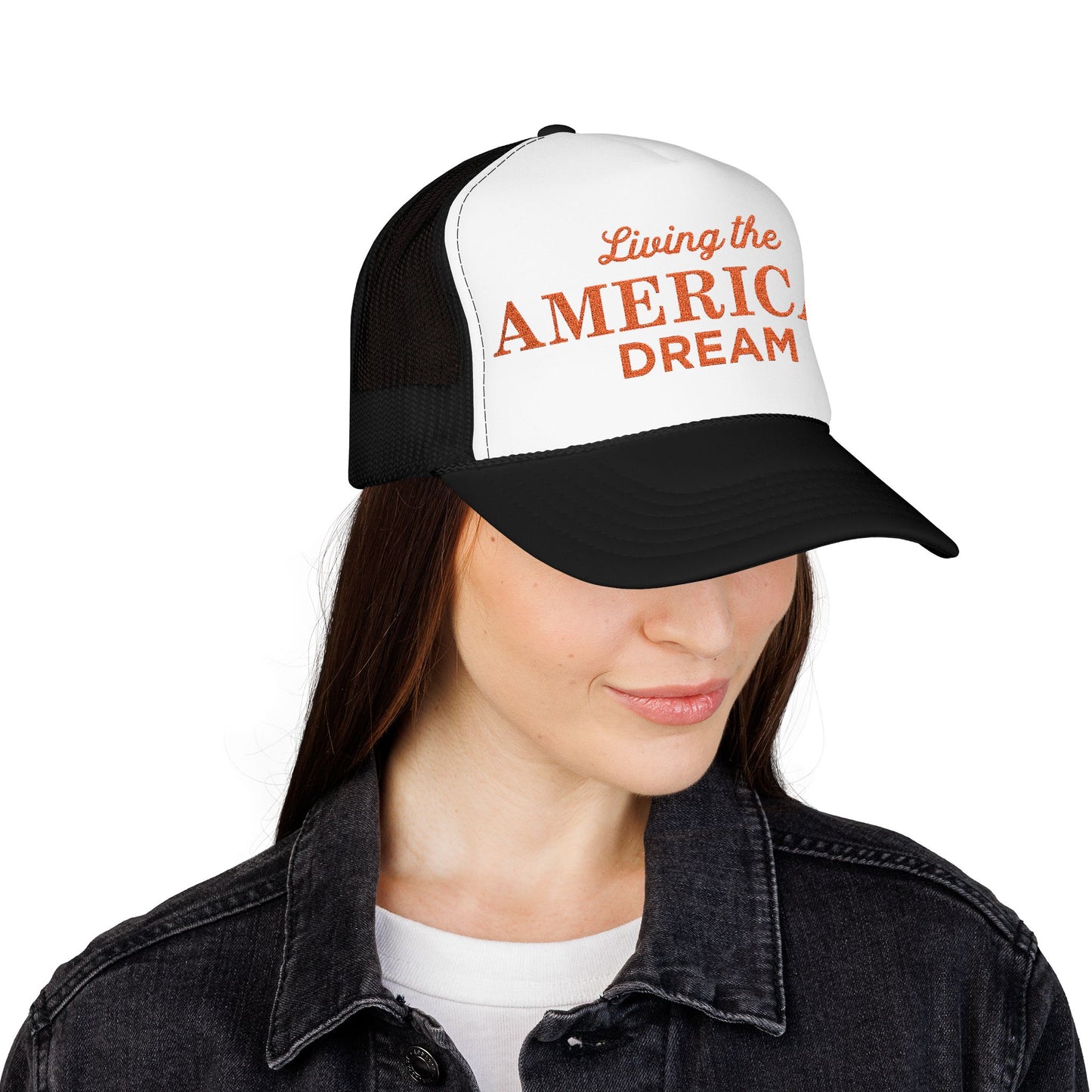 Living the American Dream Trucker Hat, Embroidered Snapback Cap for Summer, Patriotic Gift, Outdoor Adventure Accessory, Casual [...]