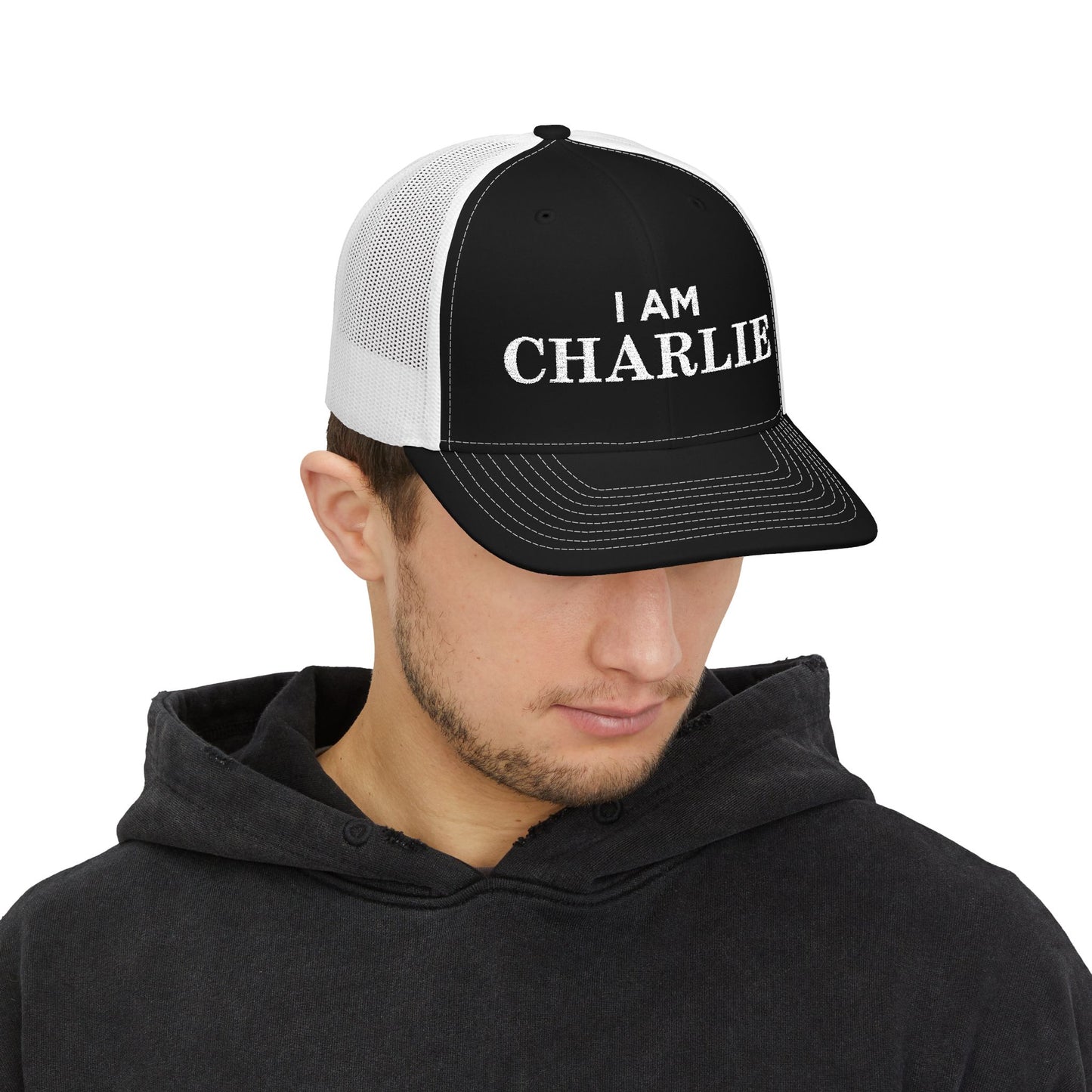 I Am Charlie Embroidered Snapback Trucker Cap, Customizable Hat for Everyday Wear, Father’s Day Gift, Birthday Hat, Unique Accessory