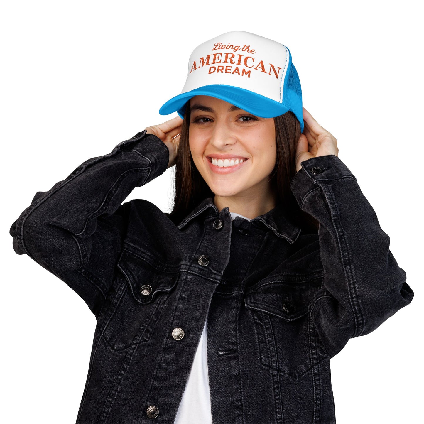 Living the American Dream Trucker Hat, Embroidered Snapback Cap for Summer, Patriotic Gift, Outdoor Adventure Accessory, Casual [...]