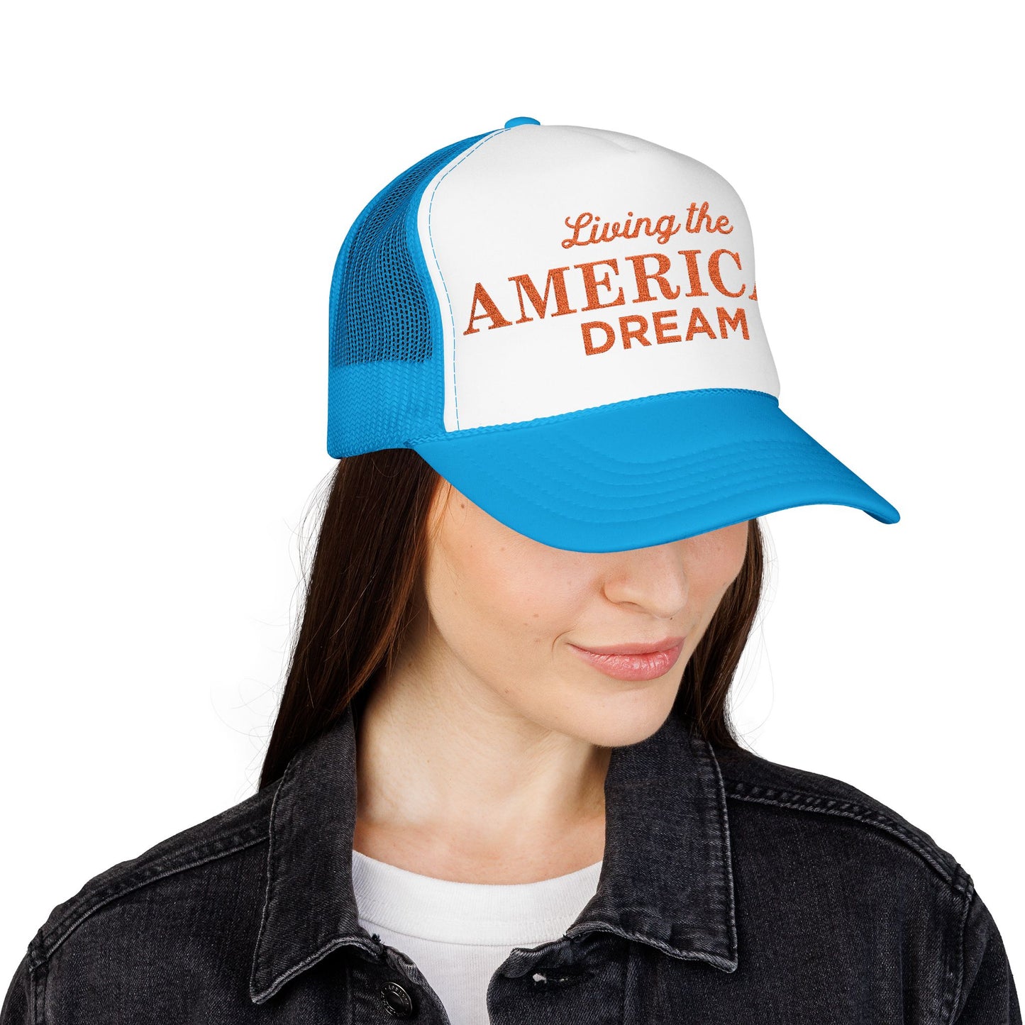 Living the American Dream Trucker Hat, Embroidered Snapback Cap for Summer, Patriotic Gift, Outdoor Adventure Accessory, Casual [...]