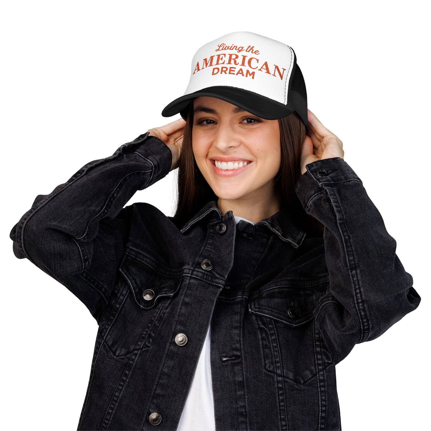 Living the American Dream Trucker Hat, Embroidered Snapback Cap for Summer, Patriotic Gift, Outdoor Adventure Accessory, Casual [...]