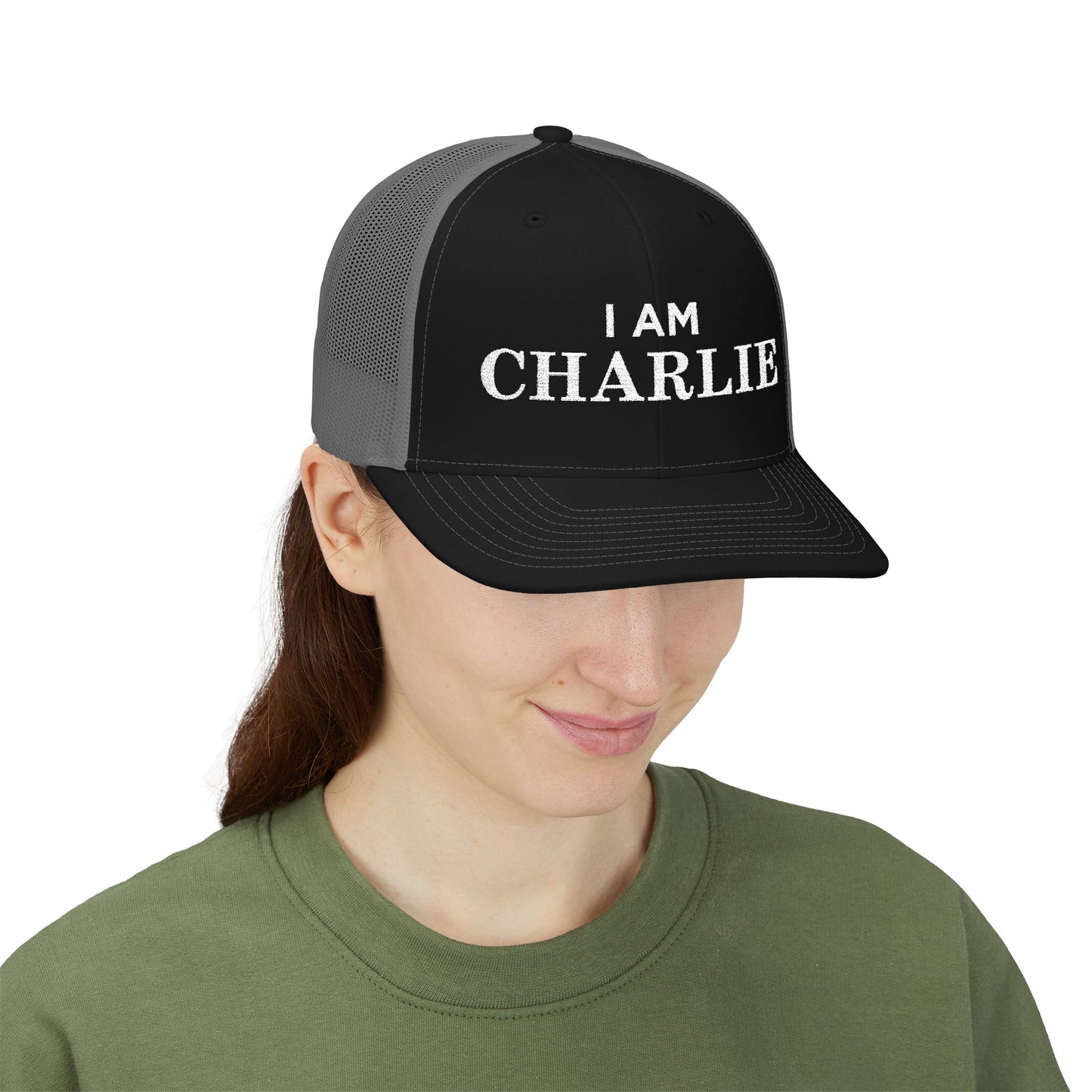 I Am Charlie Embroidered Snapback Trucker Cap, Customizable Hat for Everyday Wear, Father’s Day Gift, Birthday Hat, Unique Accessory